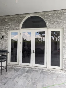 Modern glass door in white edges